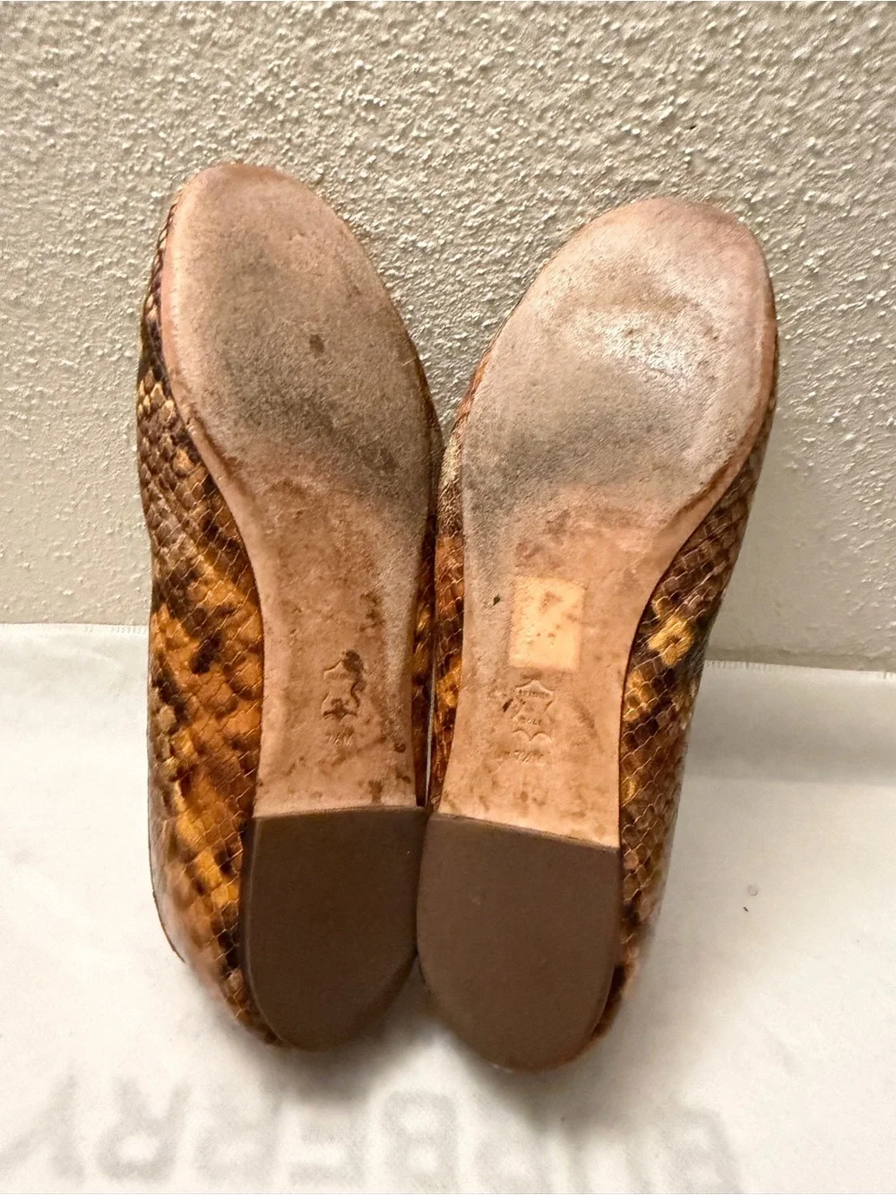 Tory Burch Brown & Tan Snakeskin-Print Ballet Flats with Gold Logo Charm, pre-ow